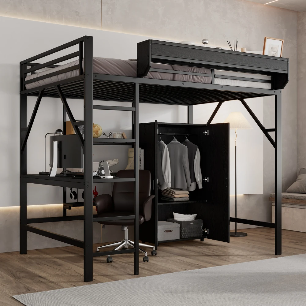 PINGGO Eisen-Hochbett mit Schreibtisch, Doppelstauraum, Kleiderschrank, Eisen-MDF, Schwarz, 140x200cm, ohne Matratze – Detail 5