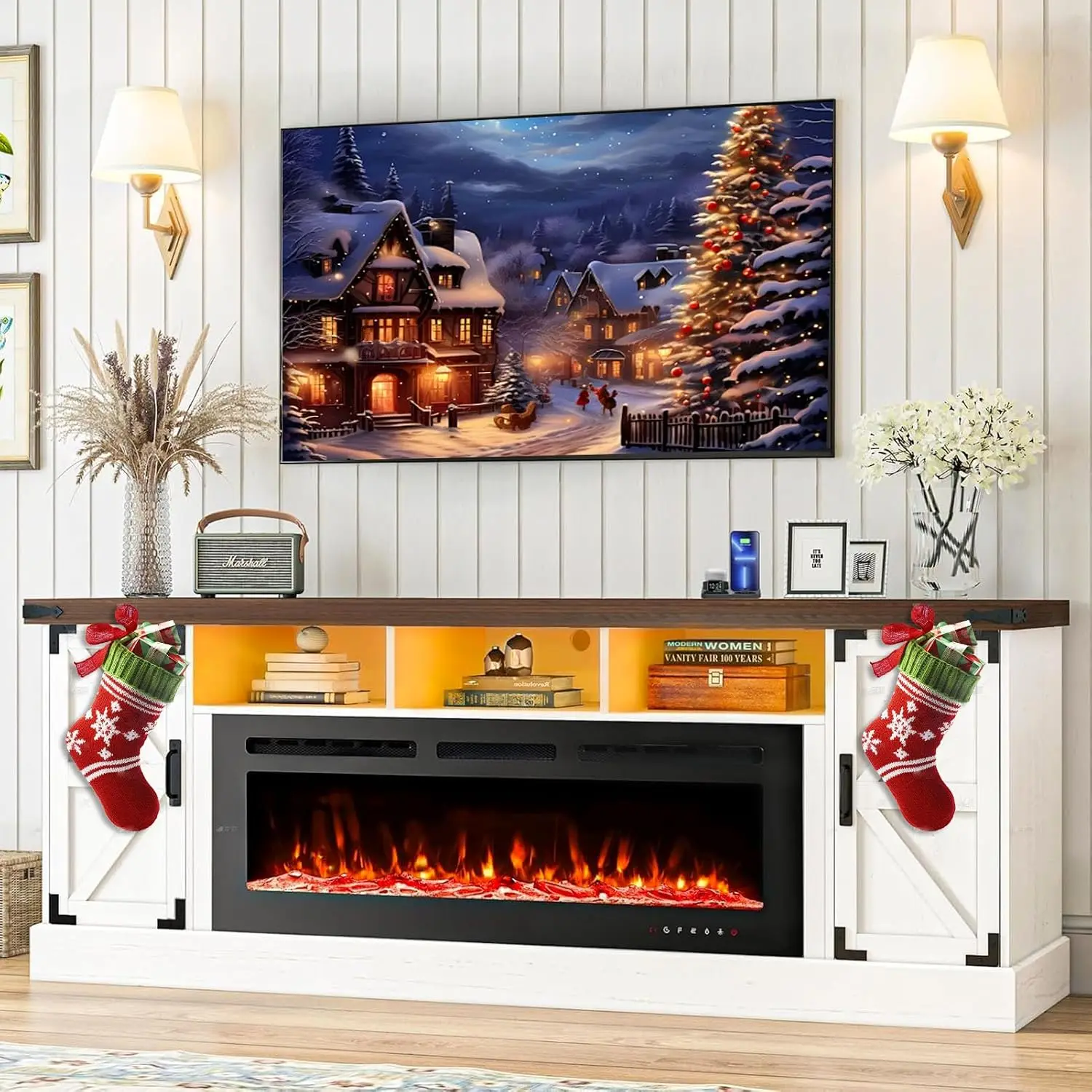77'' Fireplace TV Stand with 50'' Electric Fireplace, Farmhouse Entertainment Center with Barn Doors and LED Light, Customized