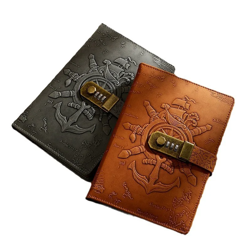 A5 European Style 3D Relief Embossed Vintage Password Notebook with Lock Diary Creative Stationery Journal Planner