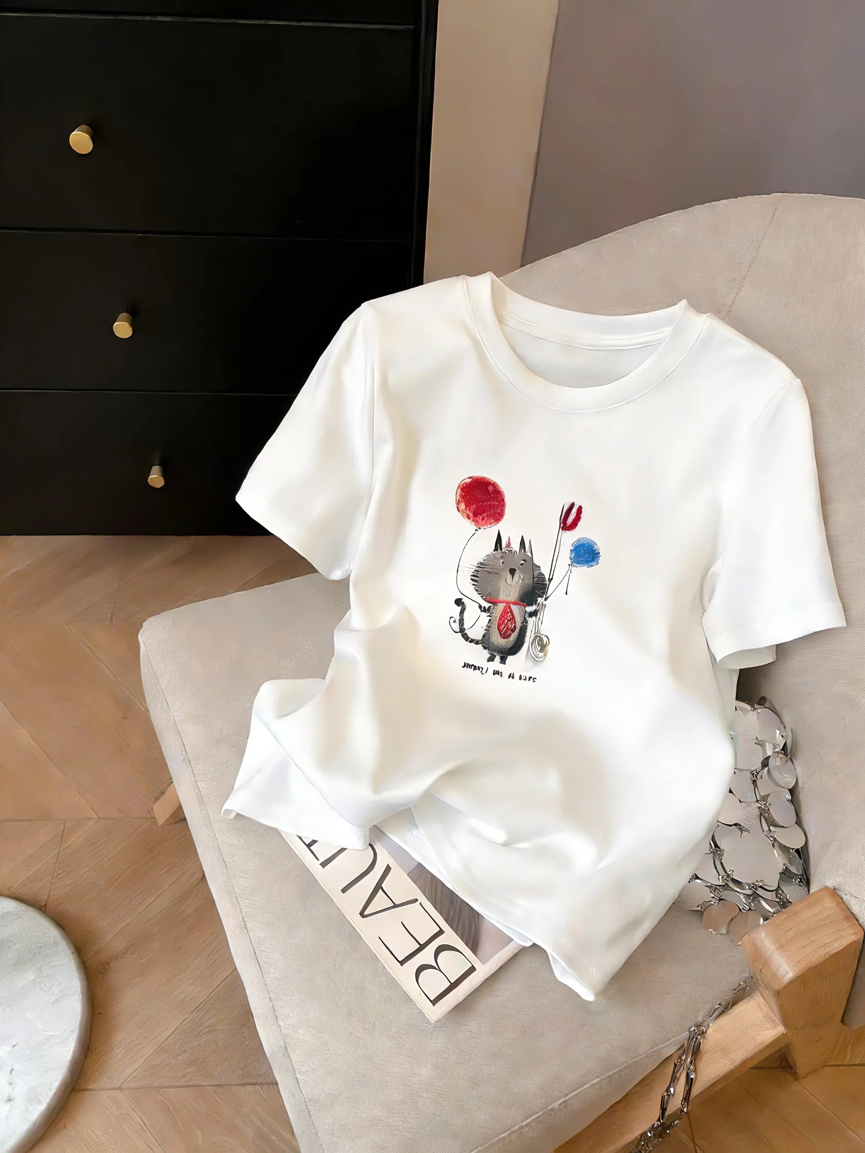 

Женская свободная летняя футболка с креативным мультяшным принтом, модный дизайн, антивозрастной эффект, приталенный крой, полиэстер