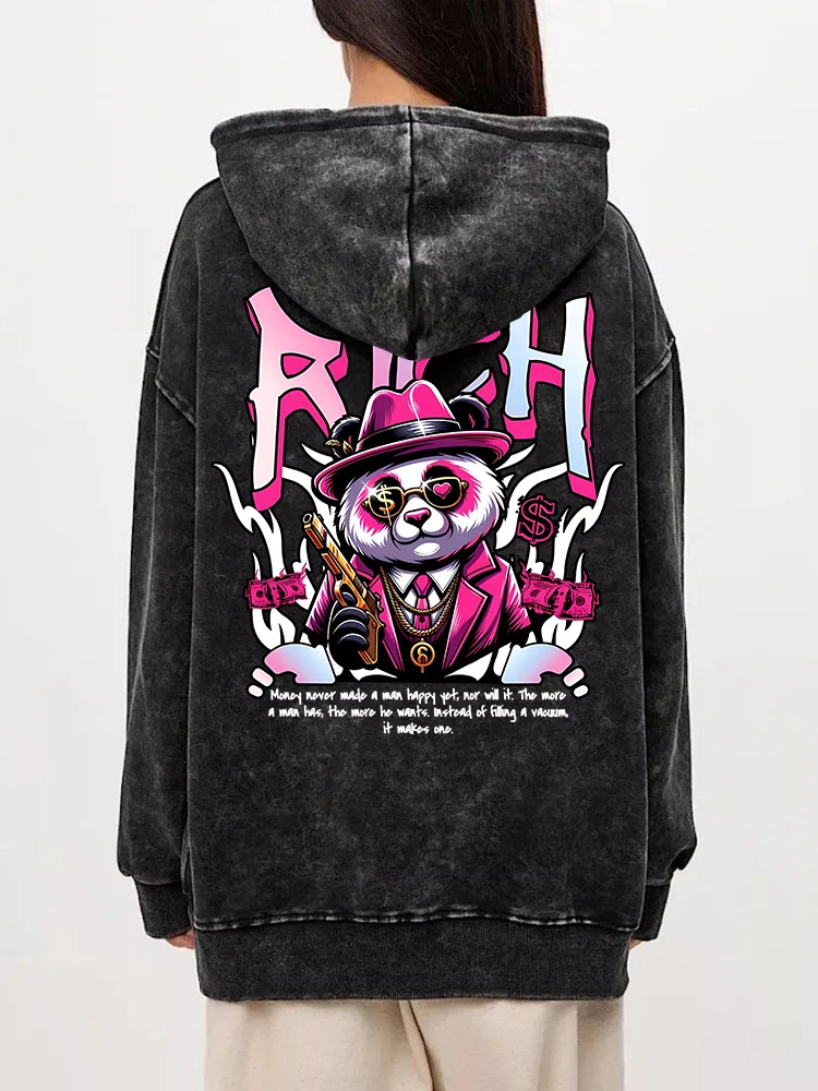 Vintage Womans Acid Wash Hoodies Rich Cartoons Panda Printing Pullovers Pocket Oversize Cotton Hooded Fashion Female Clothes