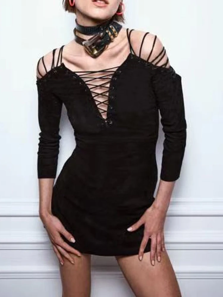 Vestido feminino de camurça e veludo com alça cruzada, decote em v profundo, manga comprida, elegante e elegante, outono 2025, nova chegada