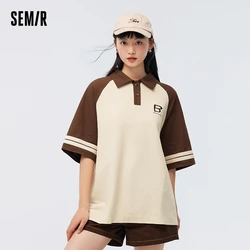 Semir Polo Shirt Women Mid-Length Loose Lazy 2023 Summer New American Retro Colour Collision Shoulder Sleeve Clothes