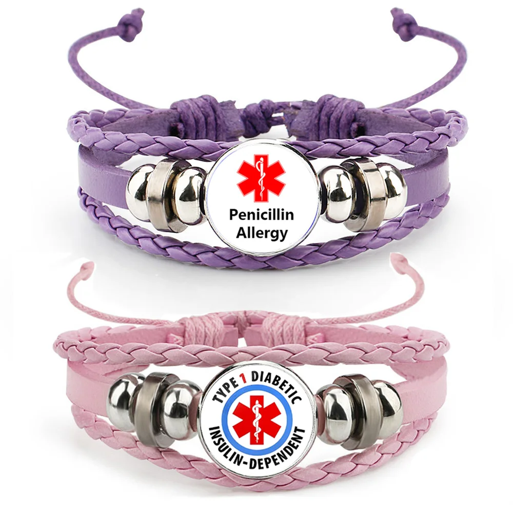 Pulsera de penicilina colorida para niñas y niños, brazaletes de cuero de vidrio, joyería para alergia a la leche de abeja y cacahuete, alerta médica tipo 2, Diabetes