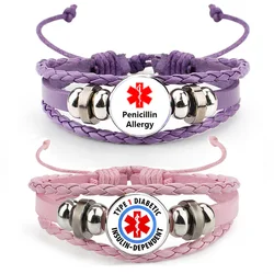 Colorful Penicillin Bracelet for Girls Boys Bee Milk Peanut Allergy Medical Alert Type 2 Diabetes Glass Leather Bangles Jewelry