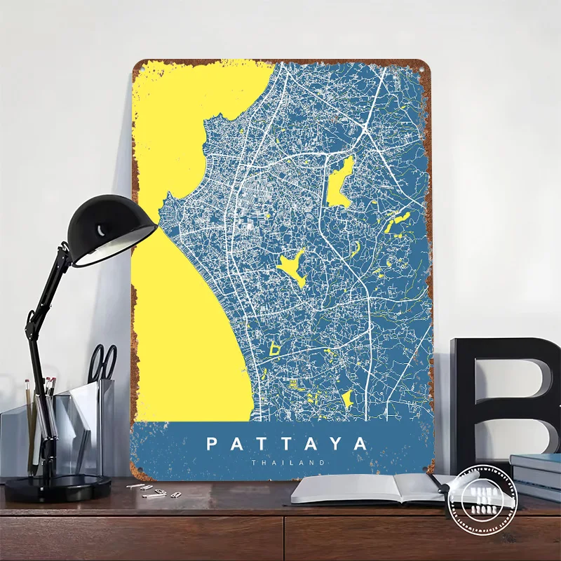 Pattaya City Map Poster Customized Vintage Metal Signs Wall Art Retro Tin Plaque for House Living Room Decorations Wand Deko