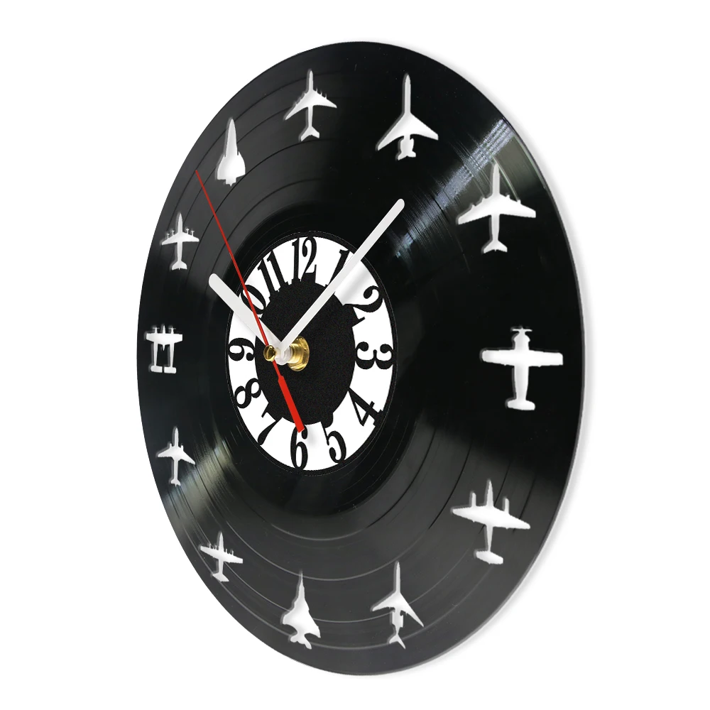 Vintage Aircraft Pilot Aviation Vinyl Record Wall Clock For Cockpit Office Aviators Airplane Fighter Shadow Art Home Decor Clock