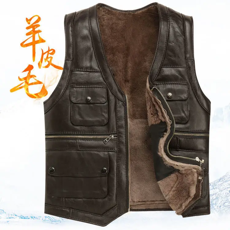 

2024 Men's Fur Integrated Autumn and Winter Leather Vest Multi-Pocket Thickened Warm Leather Vest