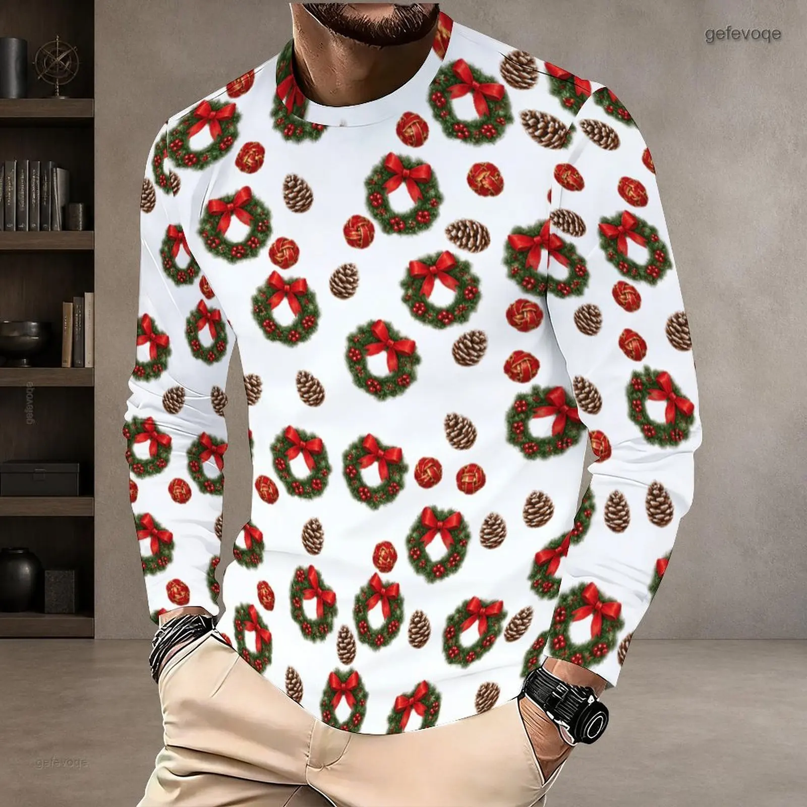Men Round Neck Long Sleeve Printed T-Shirt, White with Robin Bird Holly Berry Christmas Bauble Pattern