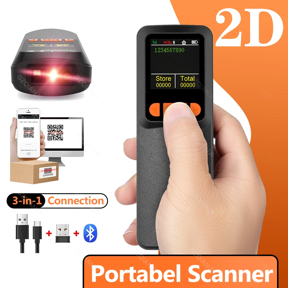 QR Mini Bluetooth Portable 1D 2D Barcode Scanner with Display Can Store data Easy to Operate connect Mobile Phone or Laptop