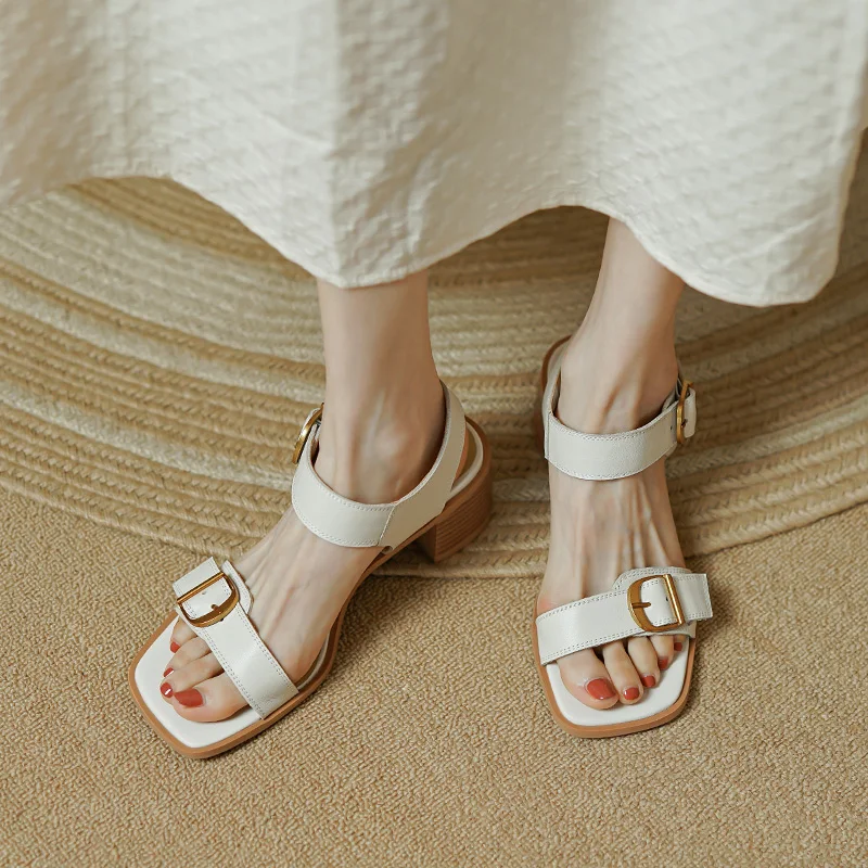 2022 New Summer Women Shoes Square Toe Chunky Heel Women Sandals Cow Leather High Heels Solid Band Shoes Casual Shoes for Women