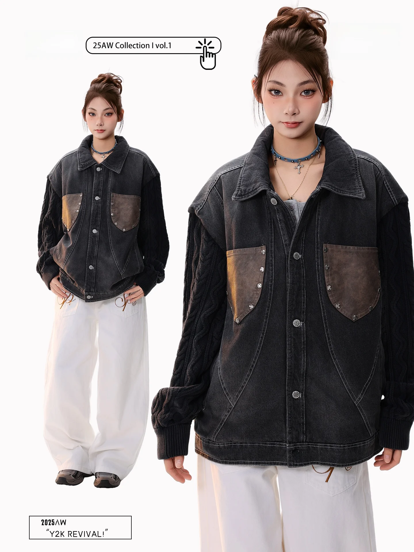 

PBB American Retro PU Leather ket Splicing Denim Jaet Women's Street Warm Waed Cotton Coat Winter Long Sve Zipper