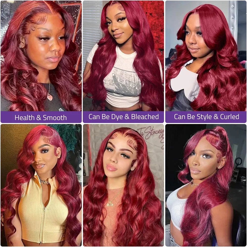 30 40 بوصة بورجوندي 13x6 HD الدانتيل أمامي 100% باروكة من شعر طبيعي 200 الكثافة الجسم موجة 99j 13x4 الدانتيل الجبهة البرازيلي الباروكات قبل قطعها #3