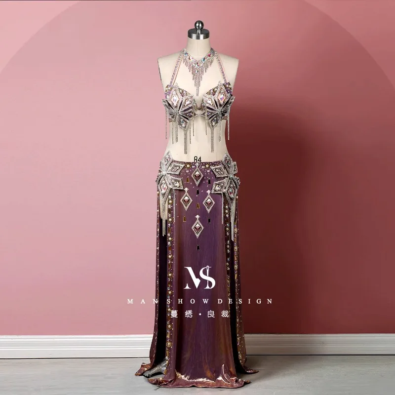 

Индивидуальные костюмы для танца живота, фиолетовое золото, зеркало с бриллиантами, сексуальные кисточки, завернутые ягодицы, прямая юбка-труба, костюм для выступлений