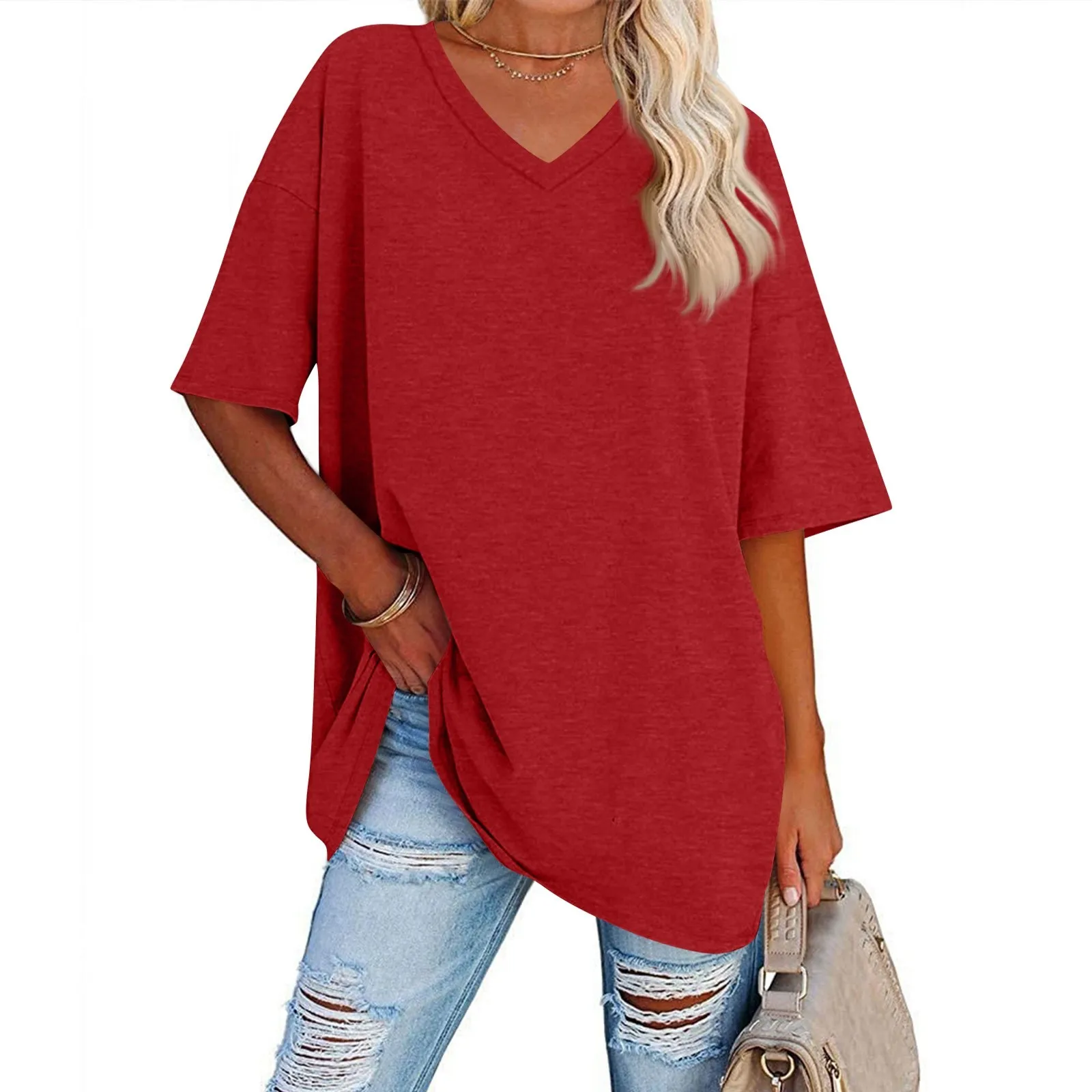 

Womens Summer Shirts Basic V Neck Business Casual Workout Tops Beach Vacation Clothes Womens Solid-color Loose Short-sleeved Top