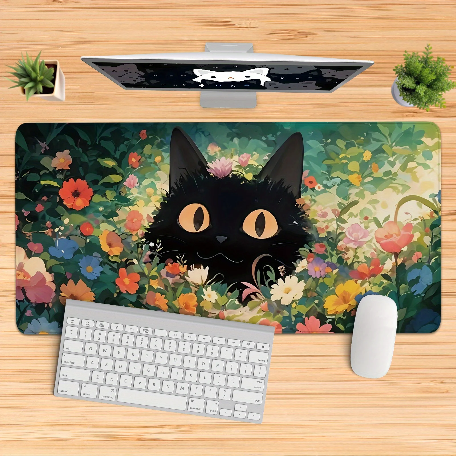 

Large cute black cat flower mousepad anti-slip rubber washable seam suitable for keyboard and PC decoration HD printing