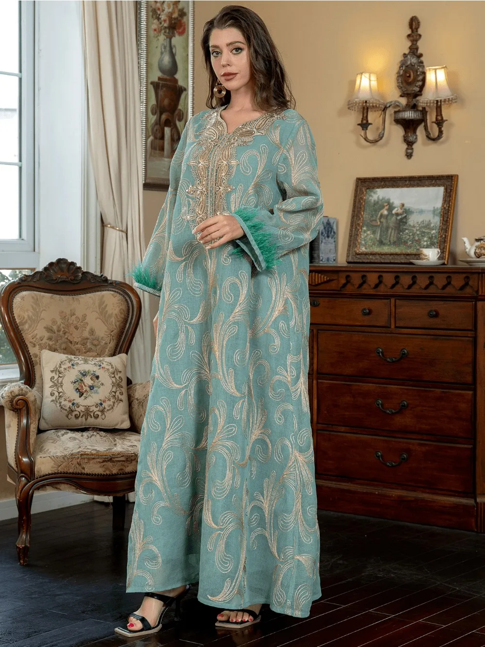 Robe musulmane Eid pour femmes, Abaya, broderie de plumes Jalabiya, robes de soirée, dubaï Abayas, robe caftan, longue robe arabe éducative, 2024