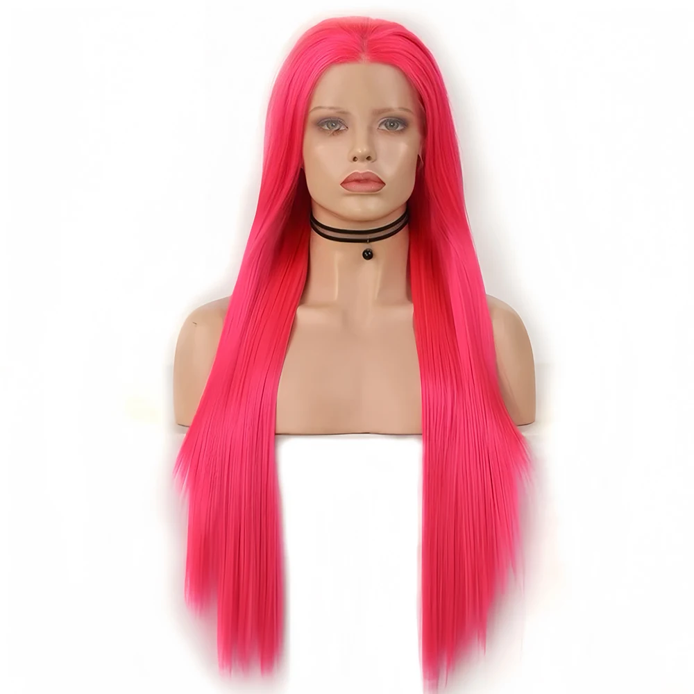 Hot Pink Wig Synthetic Lace Wig Long Silk Straight Hair Frontal Lace Wigs for Women Daily Wear Long Bright Pink Straight Cosplay