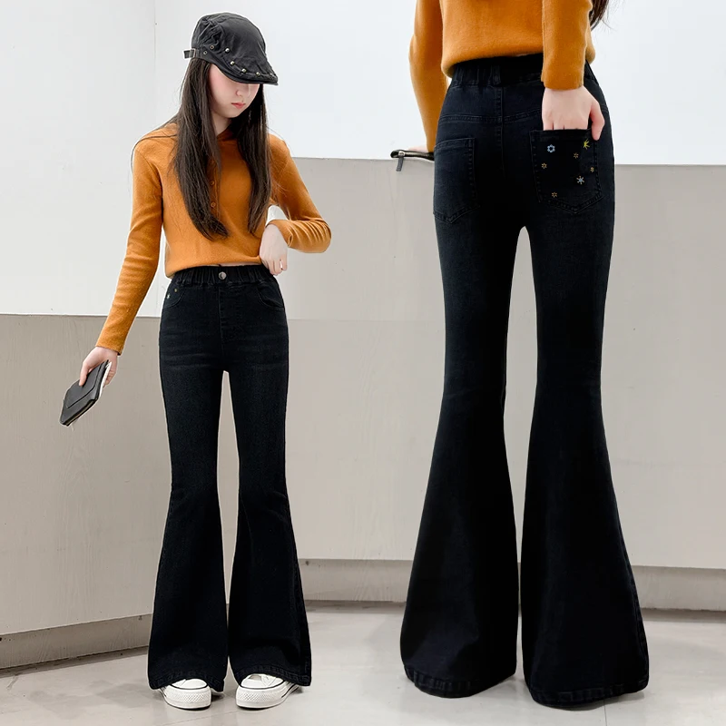 New Autumn Kids Children Slim Fit Black Bootcut Jeans Trousers for Tween Girl Casual Flared Denim Pants 5 6 7 8 9 10 11 12 13 14