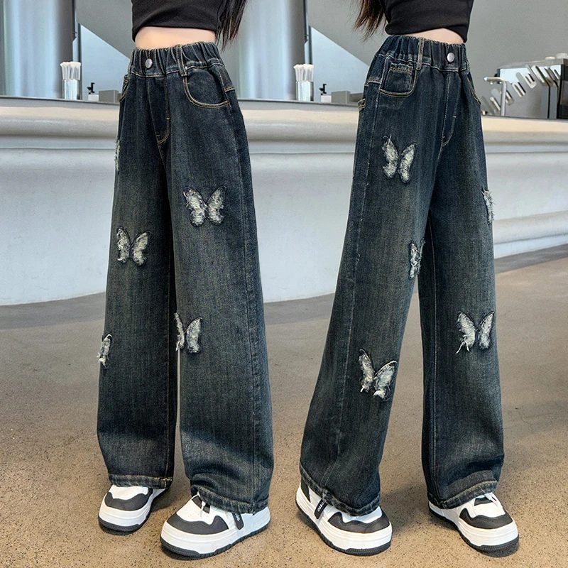 autumn teen girls Butterfly Embroidered Jeans Elastic waist junior kids wide leg pants child trousers Straight leg denim Pants