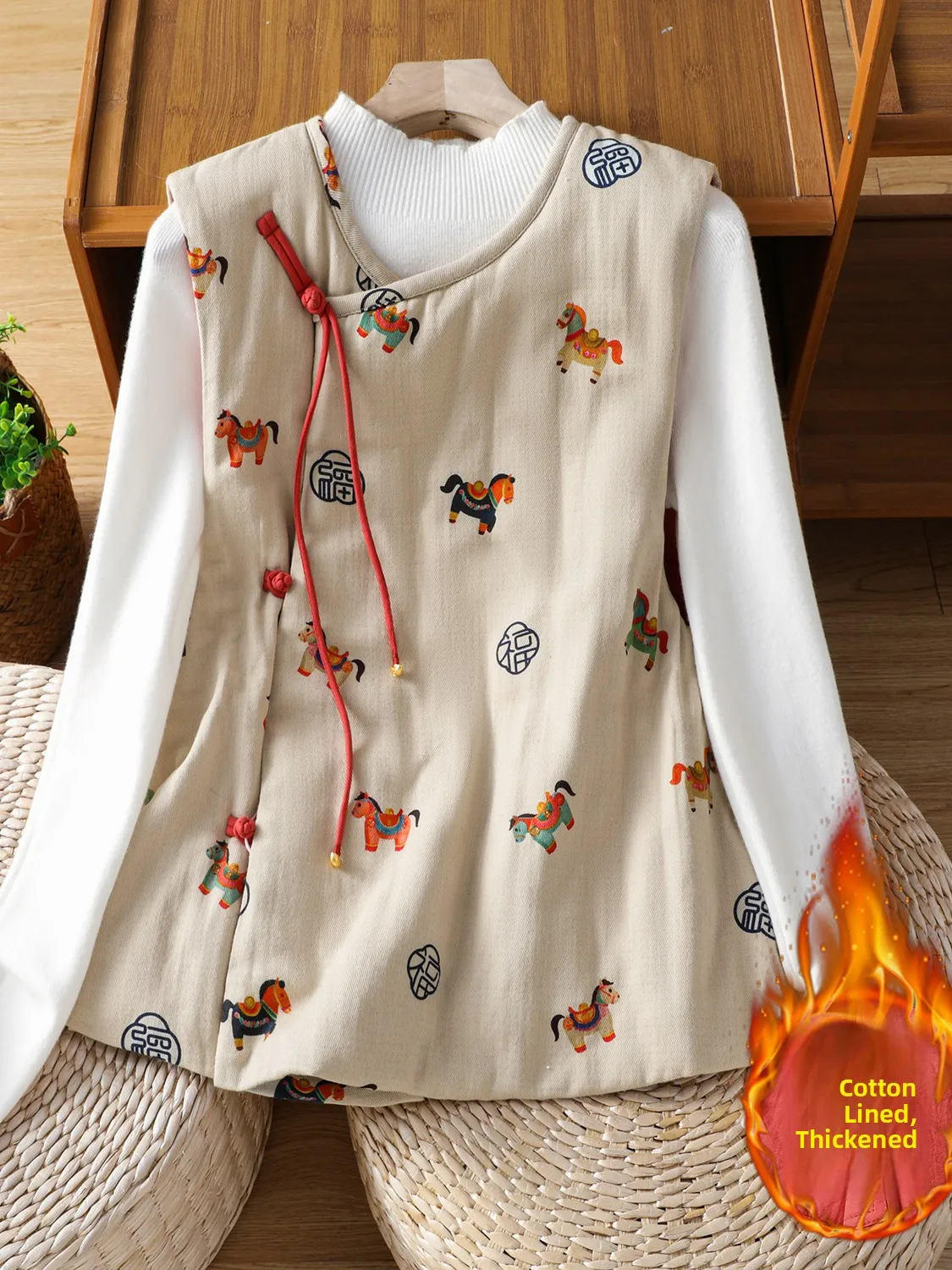 

Retro Chinese Sle Cotton Vest Women's Winter Warm Casual Outerwear Faionable Plant Floral Print Thiened round Ne Butt...