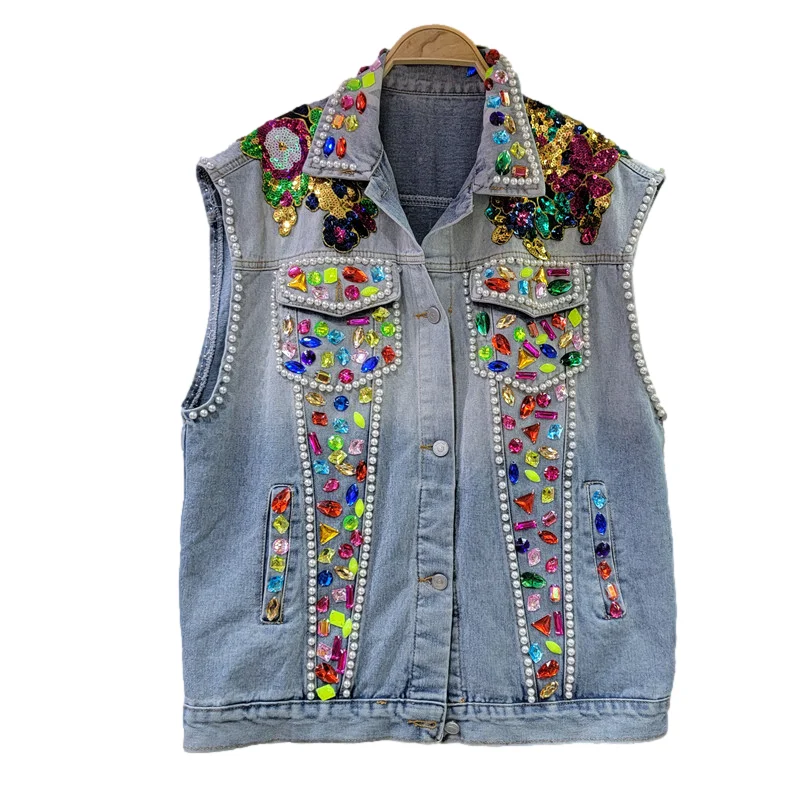 

Spring Autumn Multicolour Sequins Beading Denim Vest Women Loose Mid Long Cowboy Waistcoat Blue Sleeveless Jeans Jacket Female