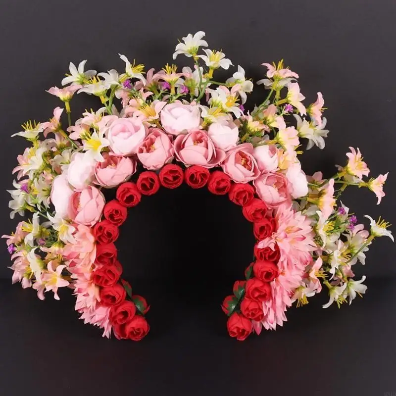Vintage Inspired Flower Crown Ethnic Style Florals Garland Graceful Hair Accessory for Women Feminine Wedding Headpiece