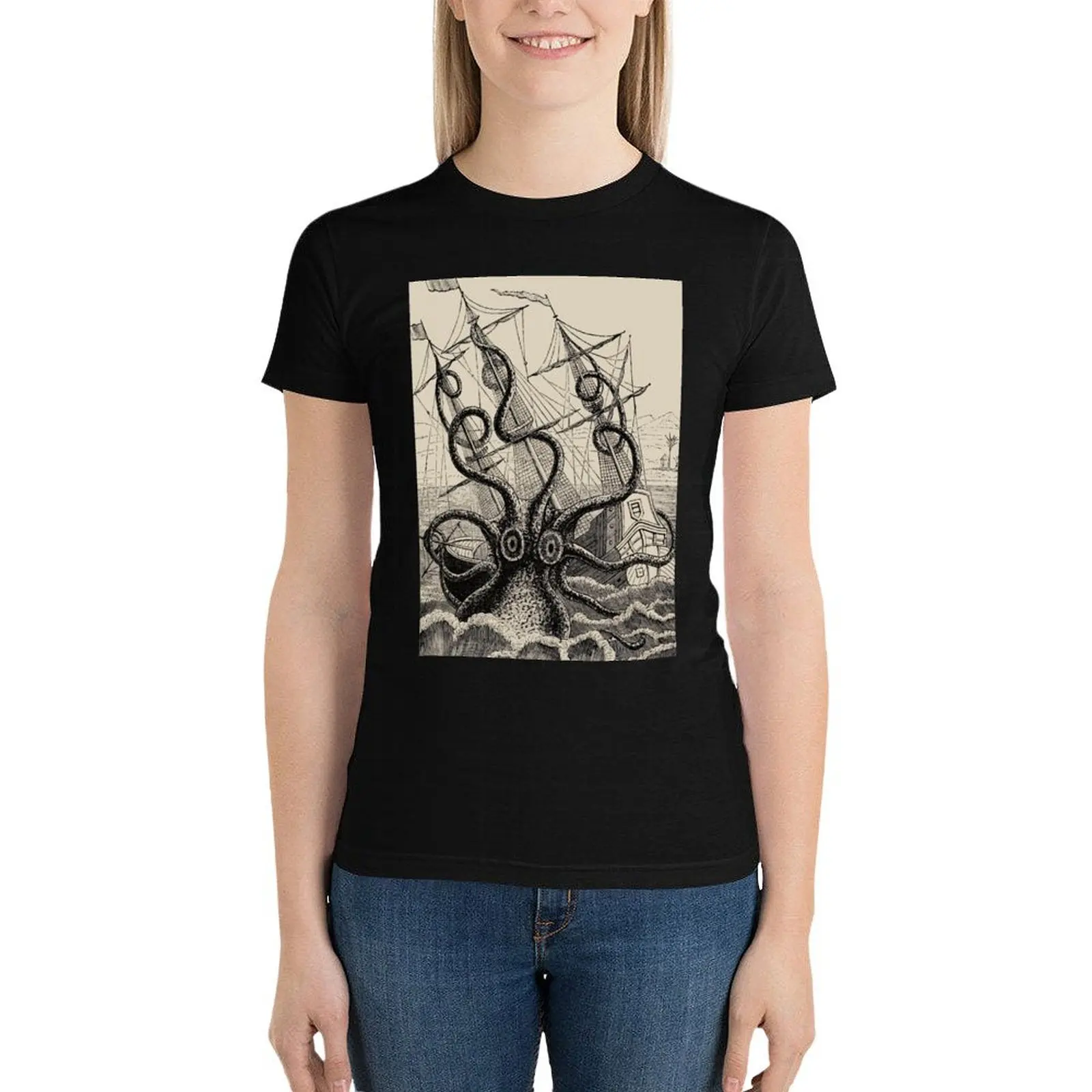 Vintage Kraken attacking ship illustration T-Shirt aesthetic clothes Blouse t-shirt dress for Women sexy