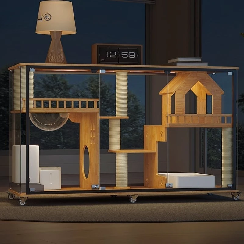 Fresh air  cabinet horizontal indoor transparent house cat villa, panoramic glass est household solid wood cat cage