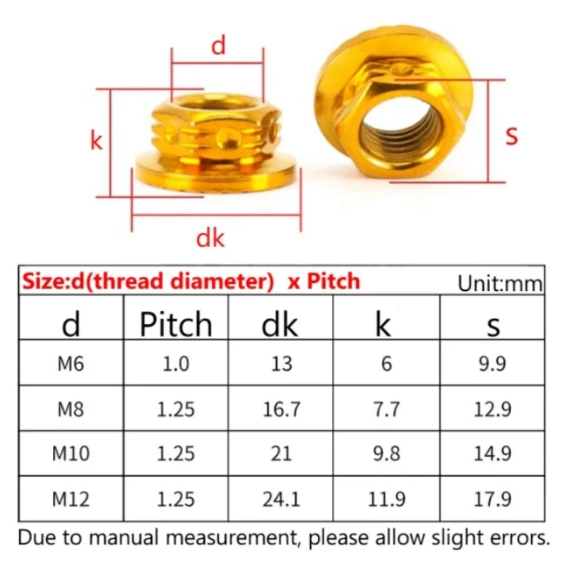 304 Stainless Steel Flange Hex Nut M6 M8 M10 M12 Burn Titanium Gold Titanium Blue Flange Hex Nut for Car Motorcycle Bicycle