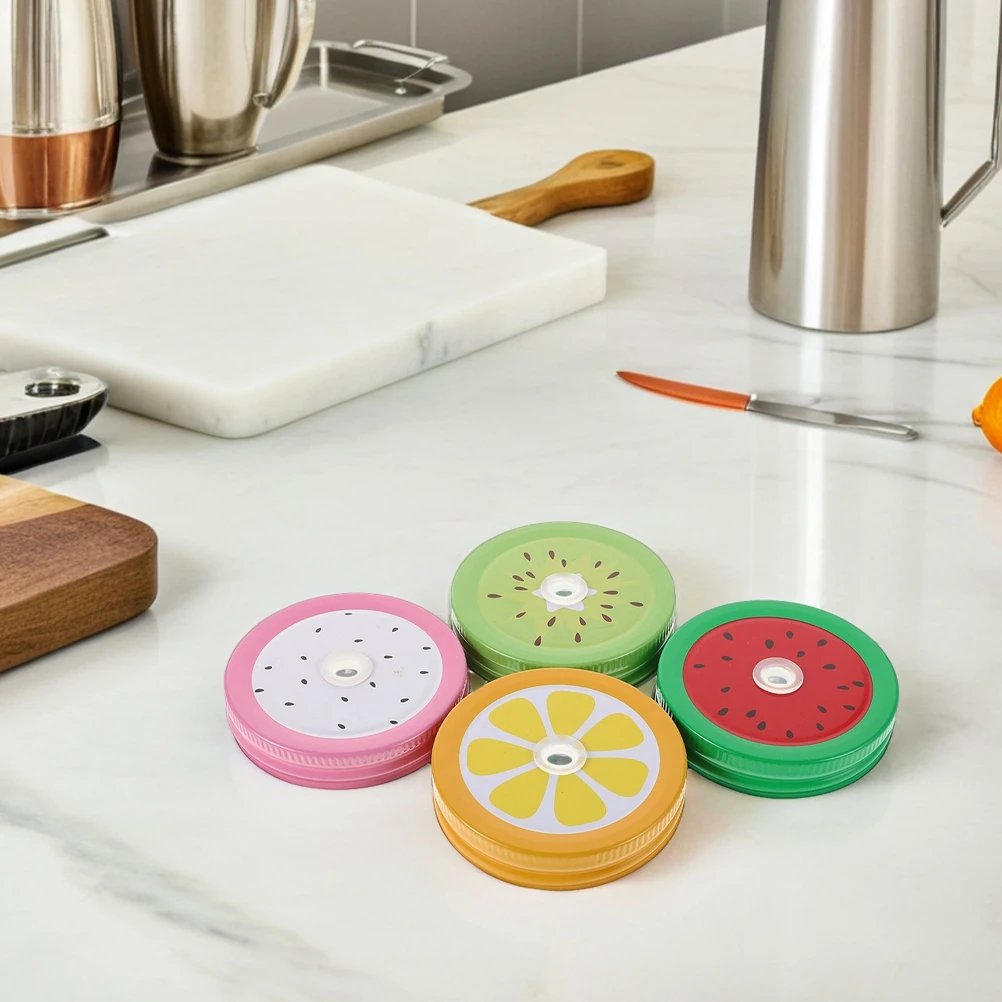

16Pcs Mason Jar Lids Tinplate Fruit Pattern Straw Hole Replacement Regular Mouth Sealed Covers Leak Proof Decorative Canning
