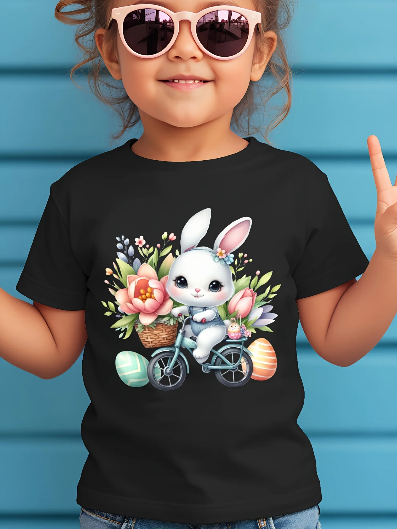 Easter Round Faced Bunny and Bicycle Printed Children's T-shirt Fashion Trend Versatile T-shirt Parent-child Outfit