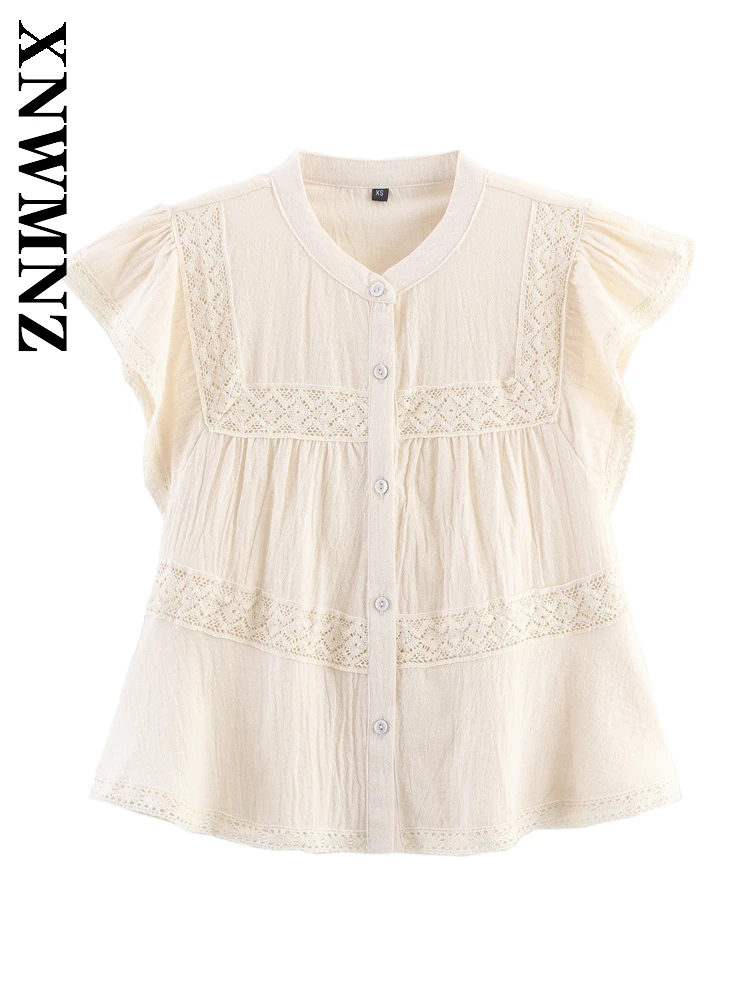 

XNWMNZ 2025 Summer Woman Chic Casual Single-breasted O-Collar Top Holiday Simple Women Clothing khaki Petal Sleeve Fashion Vest
