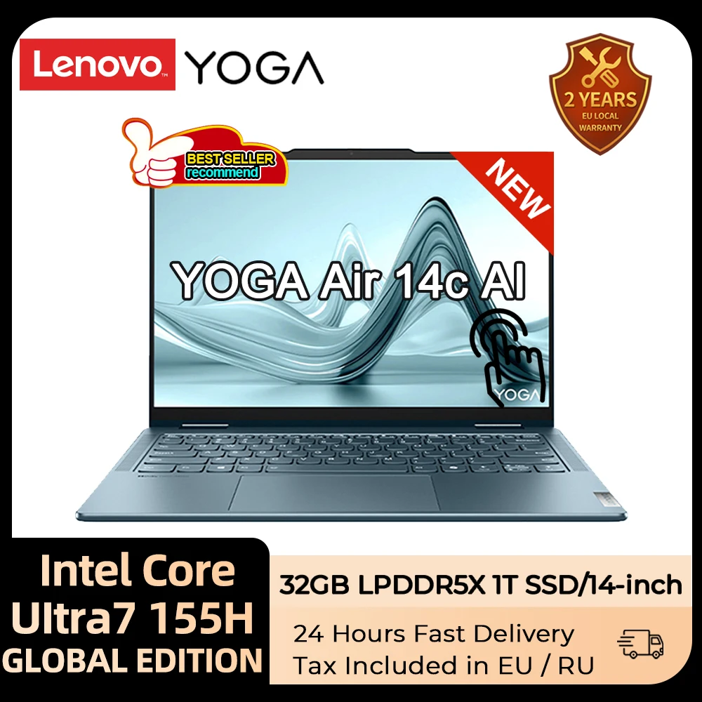 Тонкий ноутбук Lenovo YOGA Air 14c AI Intel Core Ultra 7 155H 32 ГБ LPDDR5X 1T SSD 14-дюймовый сенсорный экран 120 Гц 360 °   флип-ноутбук ПК