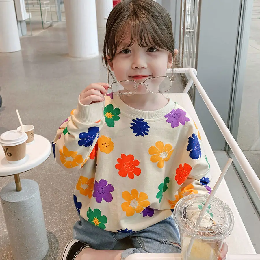 

Spring Autumn Baby and Girls Sweet All-Over Flowers Sweatshirt School Kids Outfit Pullover Tops Child Workout Jumper 1-12 Years