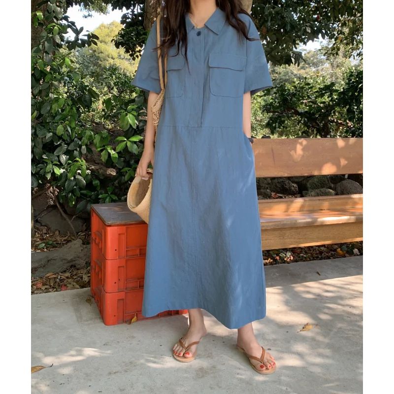 Einfaches Hemdkragen, lässiges und lockeres kurzes Kleid, Damenmode, Basic, Schwarz, Beige, kurzärmeliges Hemd, weibliches langes Kleid, Sommer