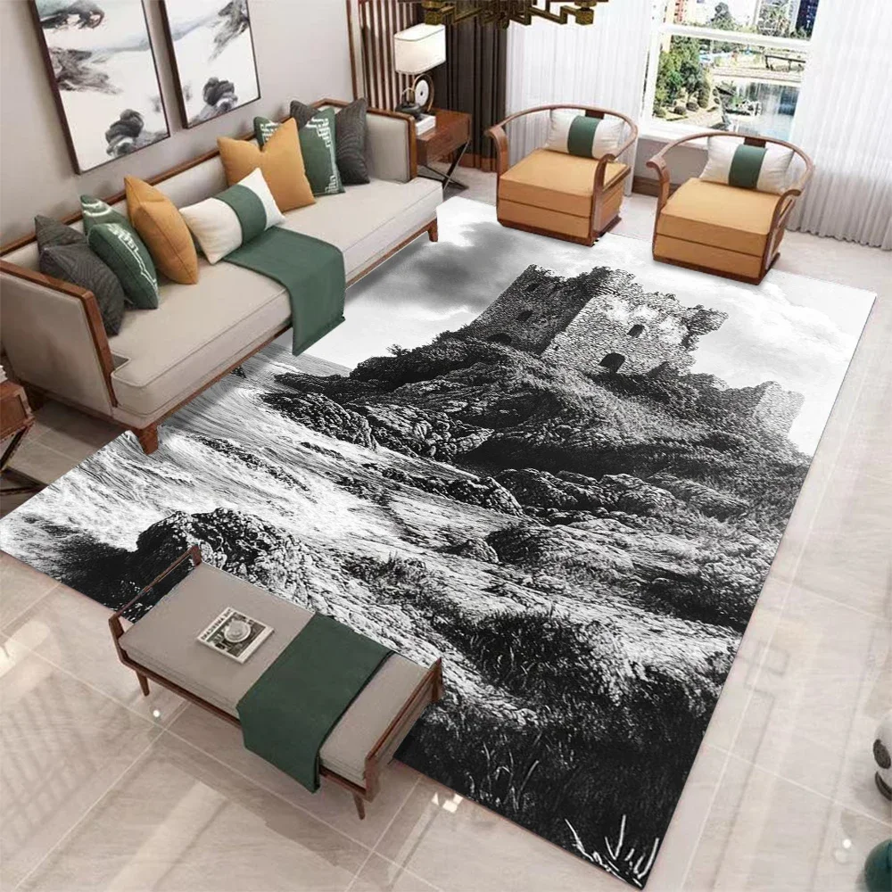 Black And White Art Sketch Carpet Castle Coast City Street Architectural Landscape Patterns Non SlipRug For Living Room Decor