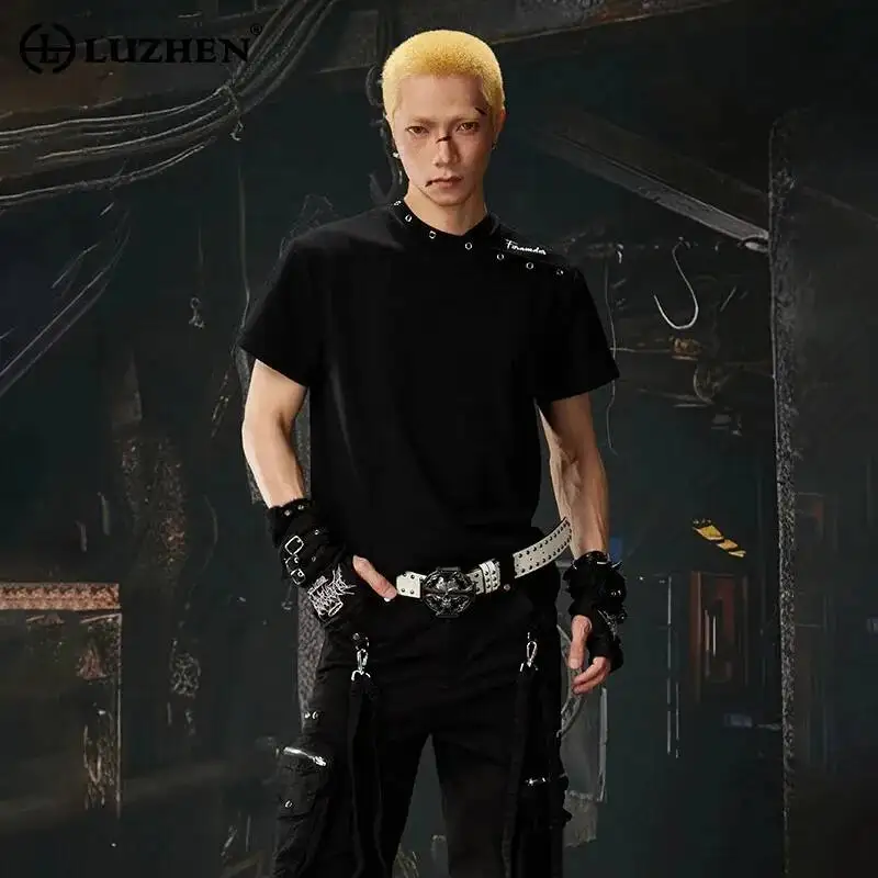 

LUZHEN 2026 Summer Slant Round Neck Rivet Metal Decorate Short Sleeve T-shirts Men's Fashion Handsome Slim Casual Clothes JY6719