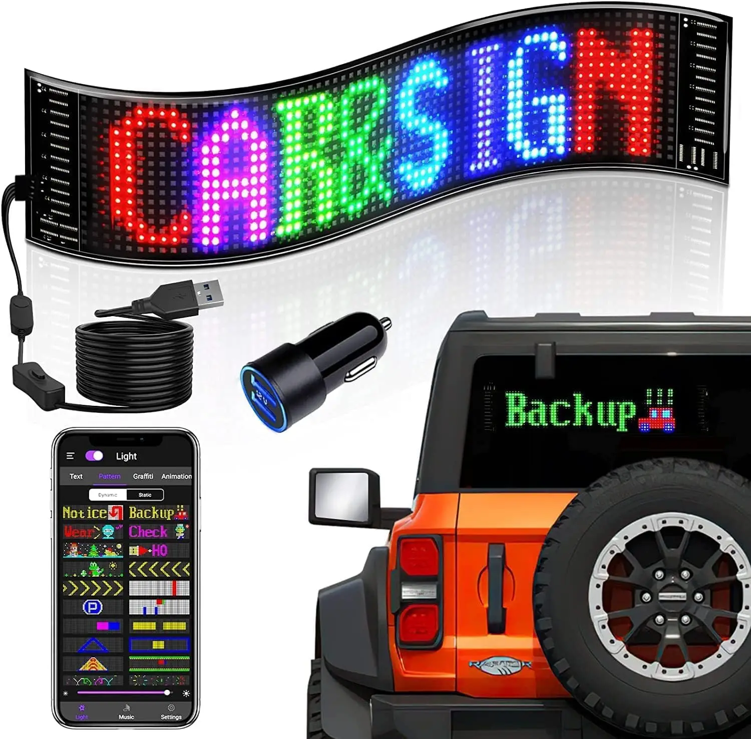 

Programmable LED Car Sign, 14.6x3.6" Flexible Matrix Display with Bluetooth APP Control, USB Powered, Scrolling Message Panel for Car, Shop, Party