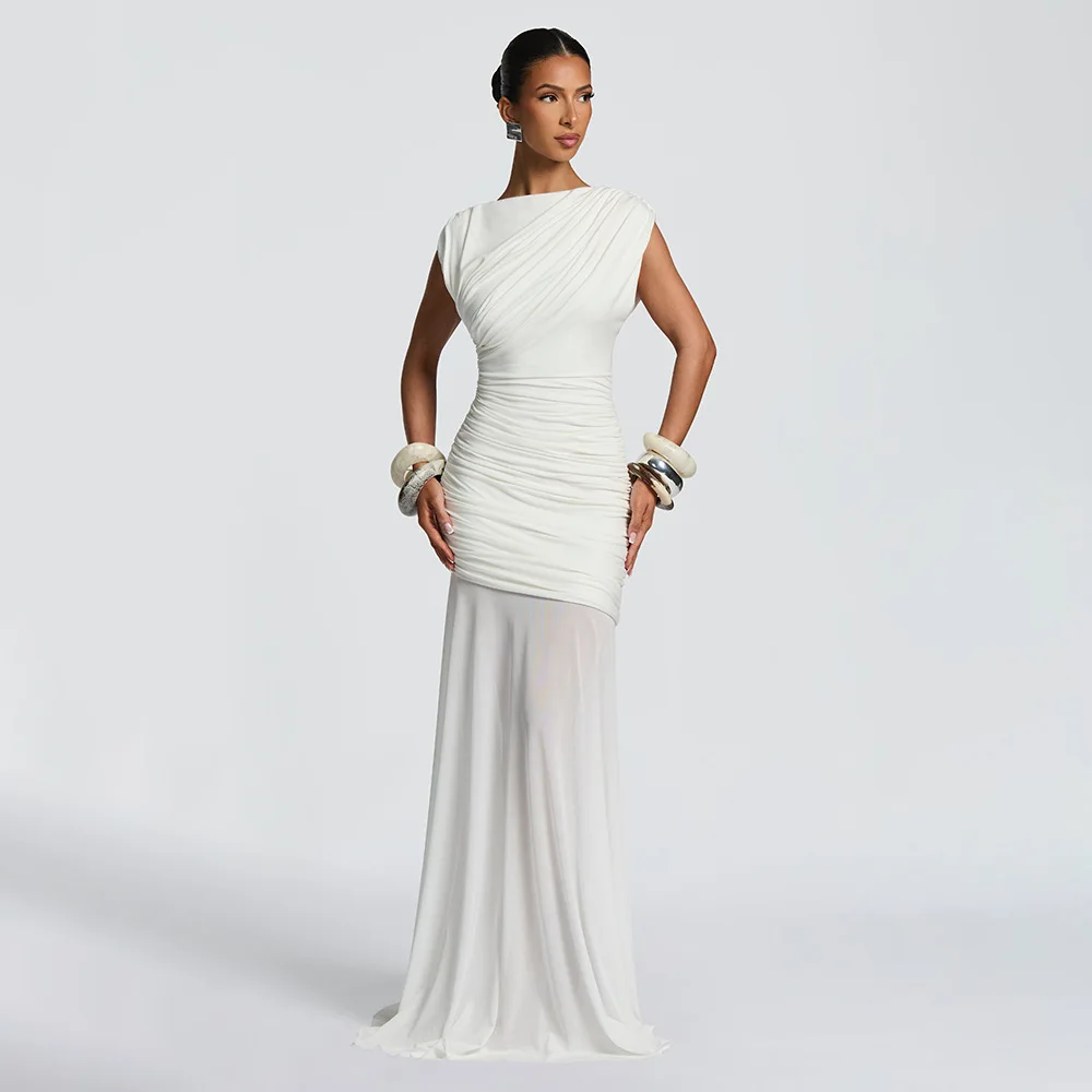 TWOTWINSTYLE Sexy Spliced Sheer Mesh Hem Dress for Women V Neck Sleeveless High Waist Folds Bodycon Perspective Dresses Female