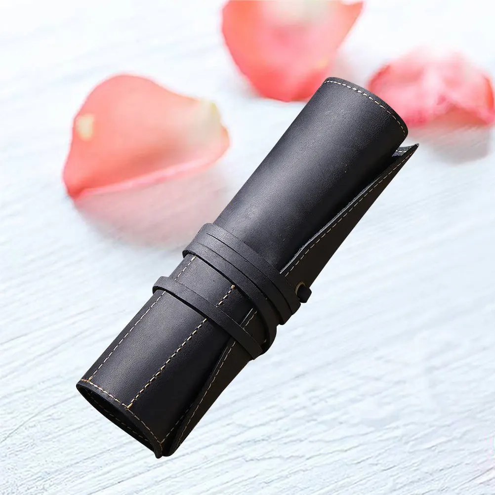 Hand Stitch Black Vintage Pen Pouch Roll Holder Genuine Pencil Bag Fountain Pen Case Pencil Bag