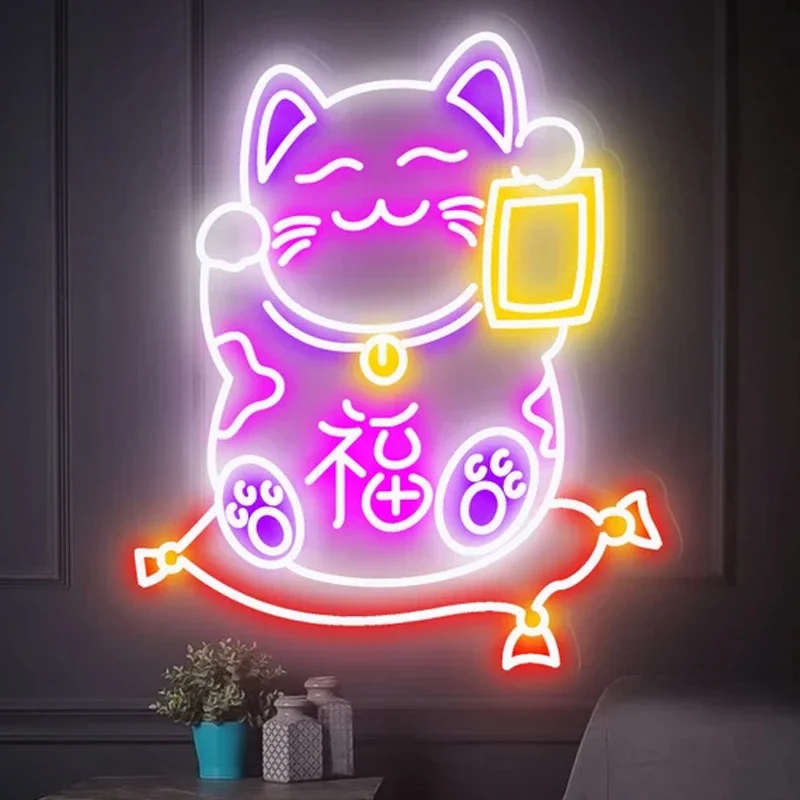 Anime Cute Lucky Cat Neon Sign Open Door Custom Led Neon Light for Cash Register Decoration Room Wall Hang Decor