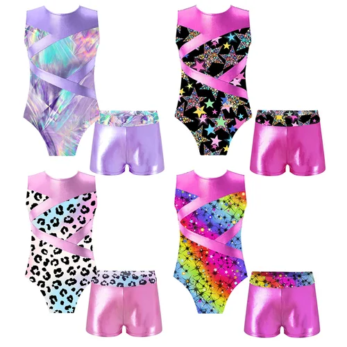 Imagen 2 del producto Conjuntos de baile de Ballet para niñas, trajes de entrenamiento de gimnasia deportiva, leotardo estampado sin mangas con pantalones cortos para trajes de baile escenario