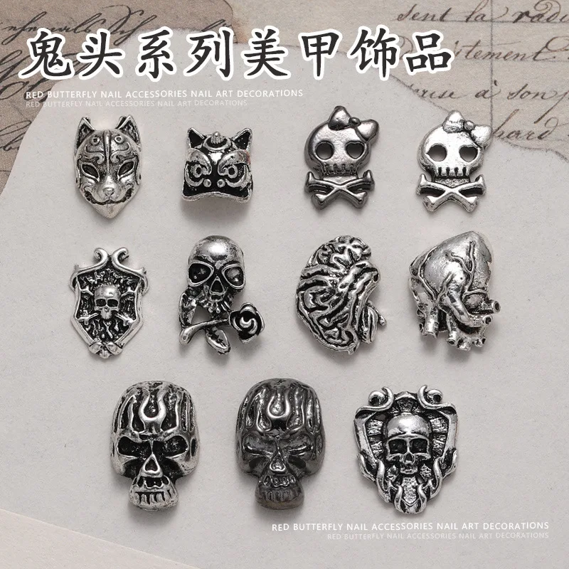10PC Halloween 3D Antique Silver Skull Head Nail Art Decoration Accessories Cool Spooky Season Alloy Nail Charm for DIY Manicure