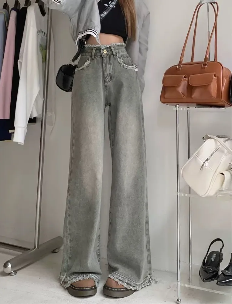 بنطال ذو قصة أرجل واسعة شريط مرن للمرأة الربيع والصيف عمودي سليم صالح مايكرو متوهج الحد الأدنى Altgoth صالة حزام الخصر الطيات الرجعية