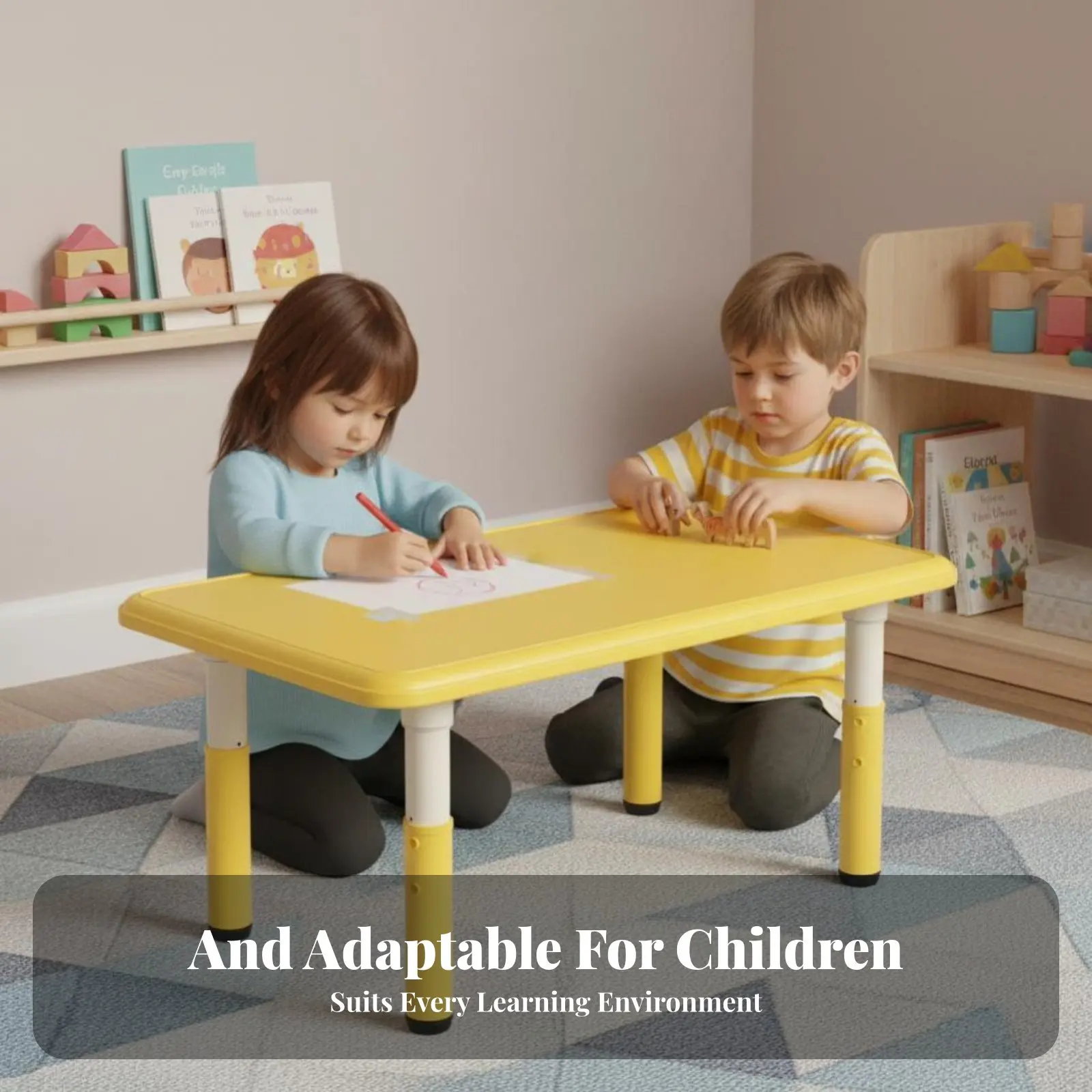 プラスチック製子供用デスク＆チェアセット、丸角、5点セット、軽量、マルチカラー、未就学児・幼稚園児向け