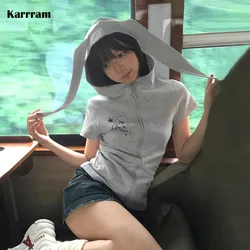 Karrram Japanese Y2k Hooded T-shirt Vintage 2000s Style Rabbit Ears Zipper Tops Harajuku Short Sleeve Thin Jacket Korean Popular