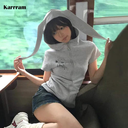Karrram-Camiseta japonesa Y2k con capucha, Tops Vintage con Orejas de conejo y cremallera, chaqueta fina de manga corta Harajuku, Popular Coreano, estilo 2000