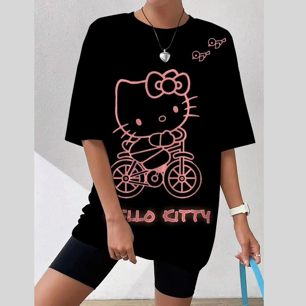 T-shirt da donna Moda Hello Kitty Modello Stampa Top Manica corta T-shirt da donna Estate Casual O-Collo T-shirt Abbigliamento femminile