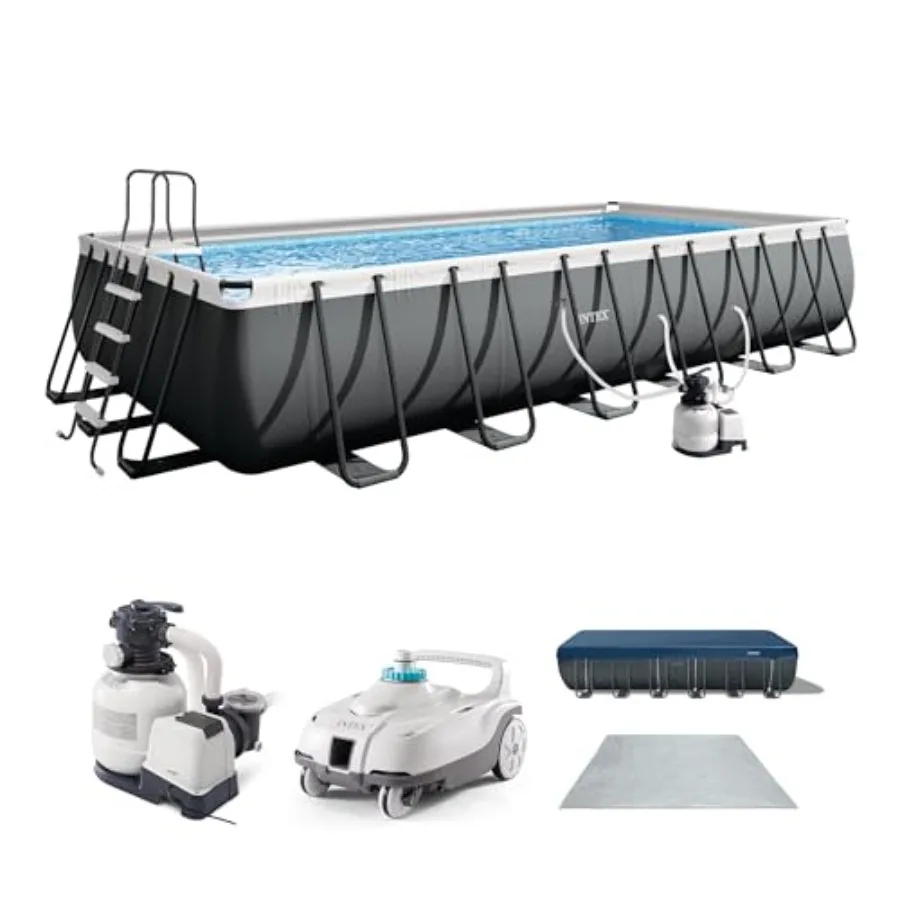 Above Ground Swimming Pool Set for backyard use, steel frame with blue finish, rust-resistant and durable construction